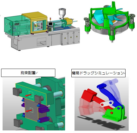 作成した単品あるいはユニットの３Dモデルを集合させ、組立モデルを迅速に構築することができます。部品の配置拘束にはインテリジェント機能で簡単明瞭に設定できます。また配置拘束を加味し部品を動かすことができます。